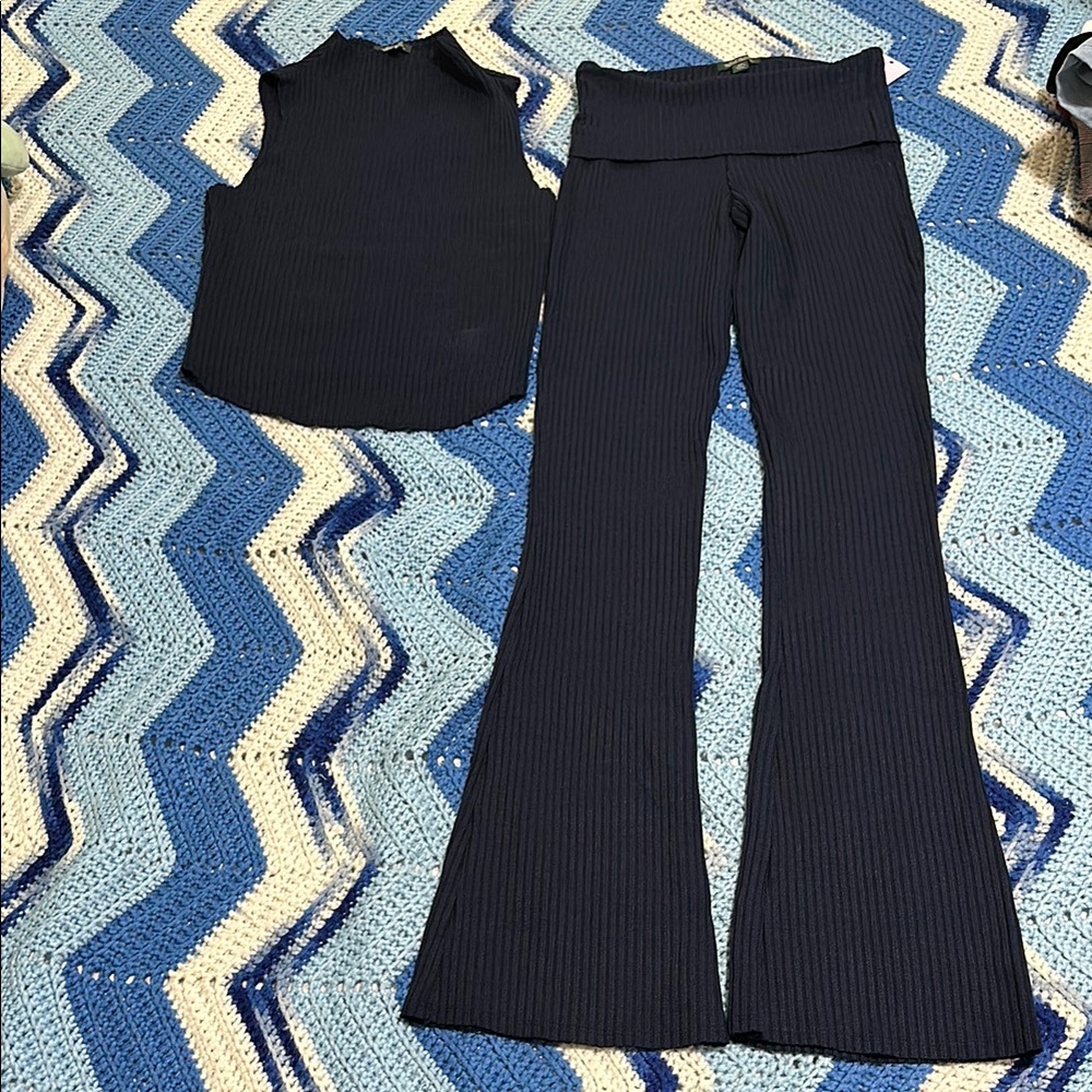 Navy blue  Ribbed Sleeveless Top and Flare Pants Set